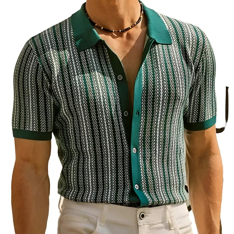 Men Knitted Printed Shirt | Short Sleeve Button Down Green