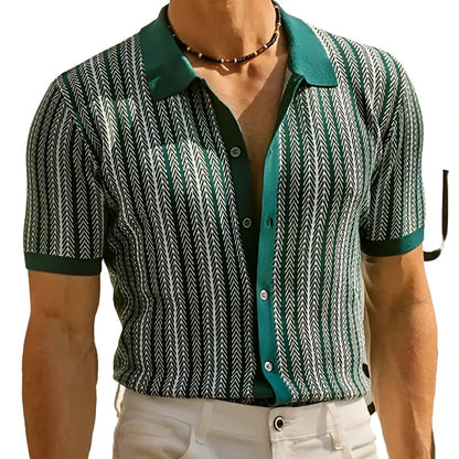 Men Knitted Printed Shirt | Short Sleeve Button Down Green