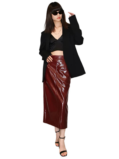 Women Shiny Reflective Leather Midi Skirt | High Waist Pencil Skirt Burgundy