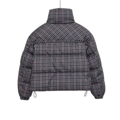 Women Plaid Puffer Jacket | Stand-Collar | Padded | Warm | Check | Parkas Jacket