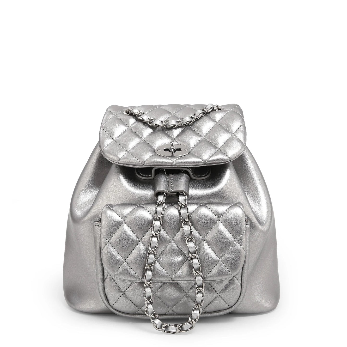 Women Leather Small Quilted Backpack | Drawstring Bag Silver