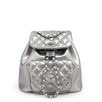 Women Leather Small Quilted Backpack | Drawstring Bag Silver