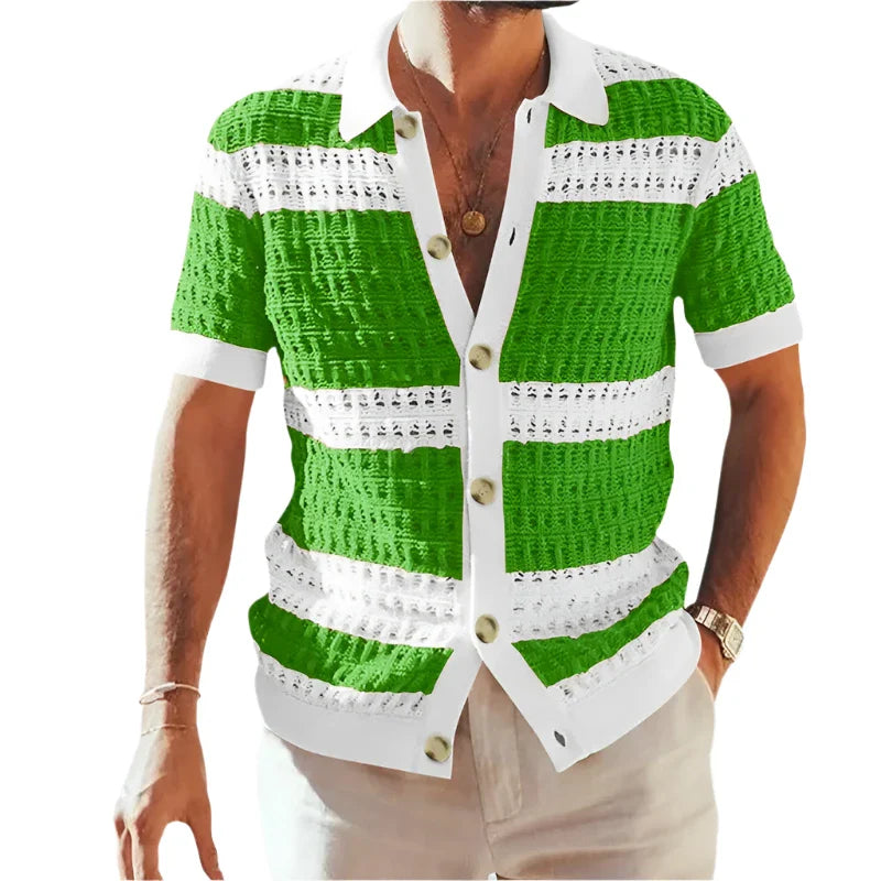 Men Casual Summer Loose Knitted Striped Shirt | Short Sleeve Buttoned Lapel Knit Cardigan Green