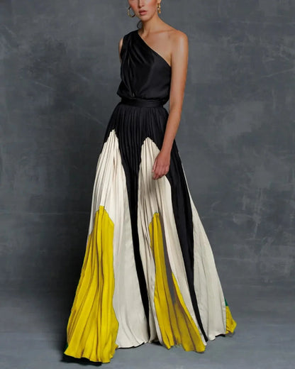Vivienne | Women's One Shoulder Color Block Pleated Maxi Dress