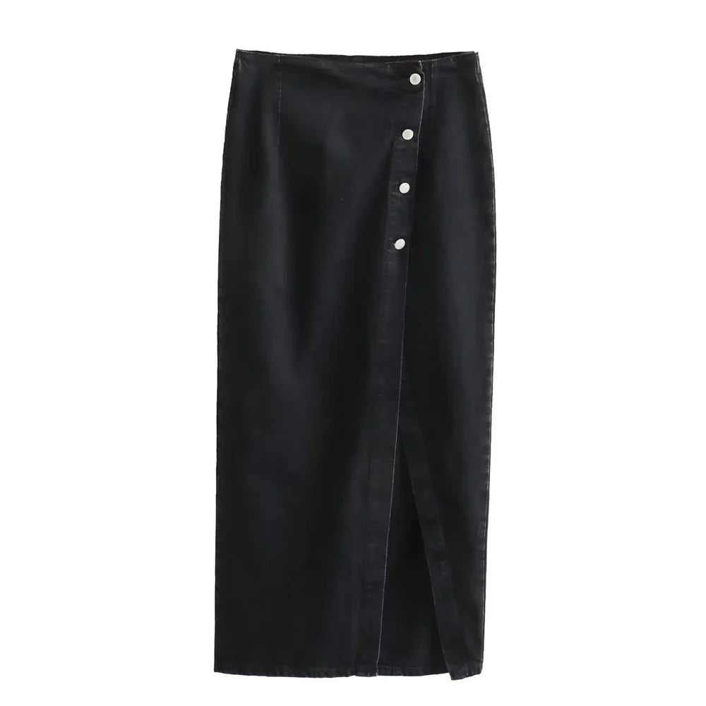 Women Denim V-Neck Vest | Denim Long Skirt | Denim Skirt and Vest Set Black Skirt