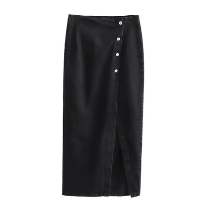 Women Denim V-Neck Vest | Denim Long Skirt | Denim Skirt and Vest Set Black Skirt