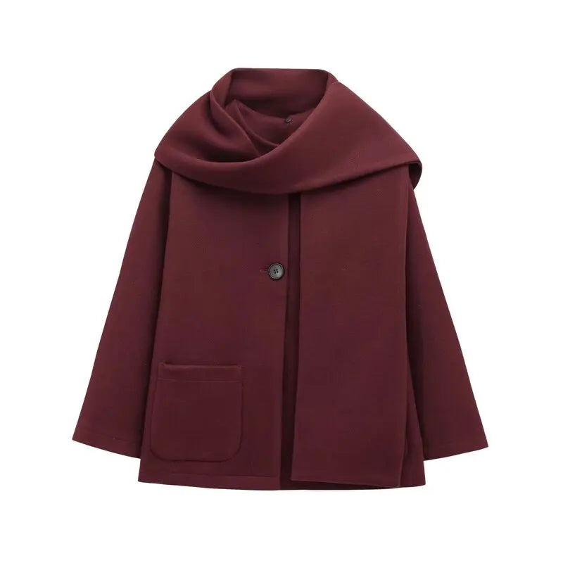 Women Winter Coat with Scarf | Long Sleeves | Round Neck Wine red