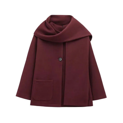 Women Winter Coat with Scarf | Long Sleeves | Round Neck Wine red