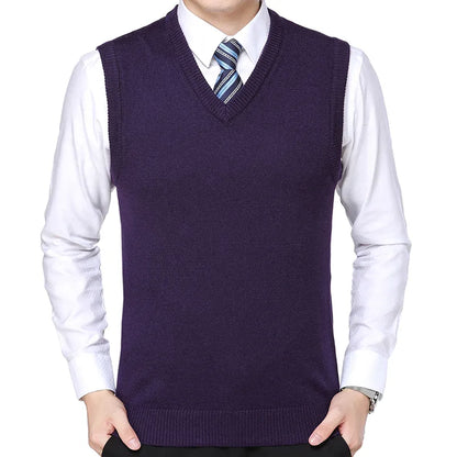 Men Knitted Cotton Sweater Vest | Casual Warm Winter V-Neck Outerwear Purple