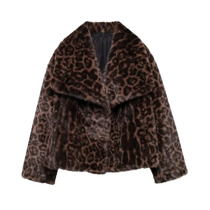 Women Winter Animal Print | Warm Fur Coat | Long Sleeve Lapel Coat | Leopard Print Coat Dark Brown