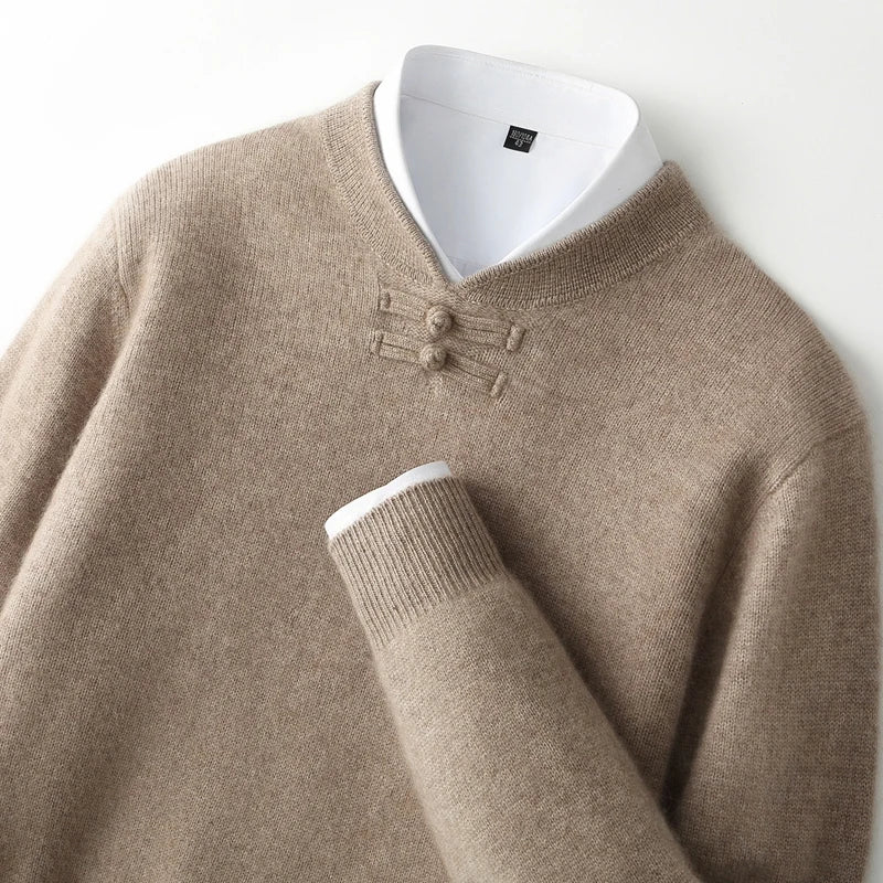 Men Pure Merino Wool Sweater | Long Sleeves | Stand-Up Collar | Pullover | Warm | Mock Neck Sweater Dark Camel