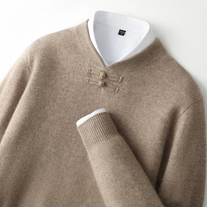 Men Pure Merino Wool Sweater | Long Sleeves | Stand-Up Collar | Pullover | Warm | Mock Neck Sweater Dark Camel