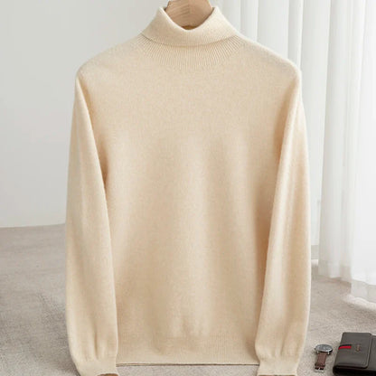 Men Merino Wool Turtleneck Knitted Pullover | Merino Wool Sweater | Cashmere Warm Knit Top Beige