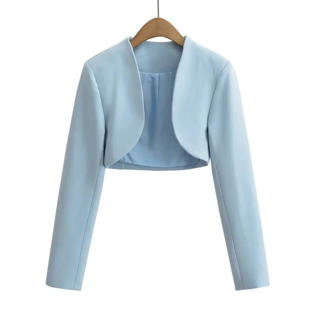 Women V-Neck Open Stitching Cropped Full Sleeve Blazer | Short Outerwear Suit Sky blue