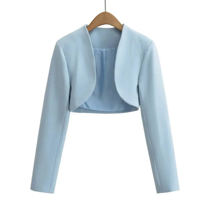 Women V-Neck Open Stitching Cropped Full Sleeve Blazer | Short Outerwear Suit Sky blue
