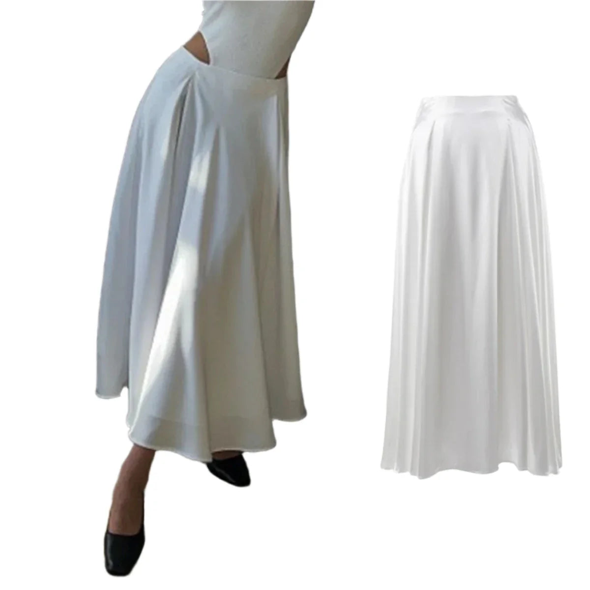Women Satin High Waisted Long A-line Drape Skirt | Elegant French Tutu Skirt White