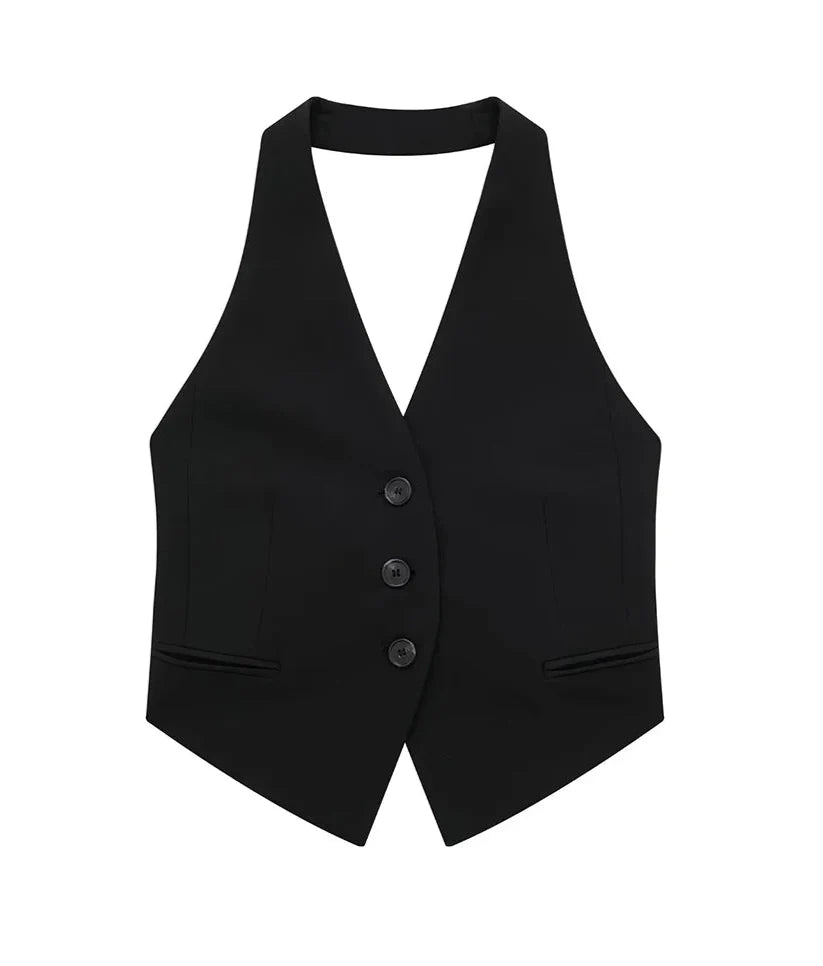 Women Chic Sleeveless Button-Up Vest Top | Backless Halter Neck Waistcoat Black