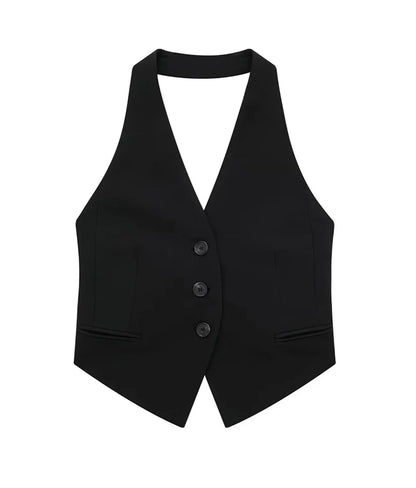 Women Chic Sleeveless Button-Up Vest Top | Backless Halter Neck Waistcoat Black