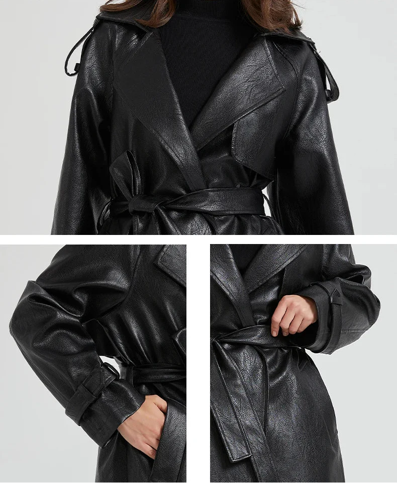 Women Extra Long Leather Trench Coat | Luxury Chic Overcoat | Autumn