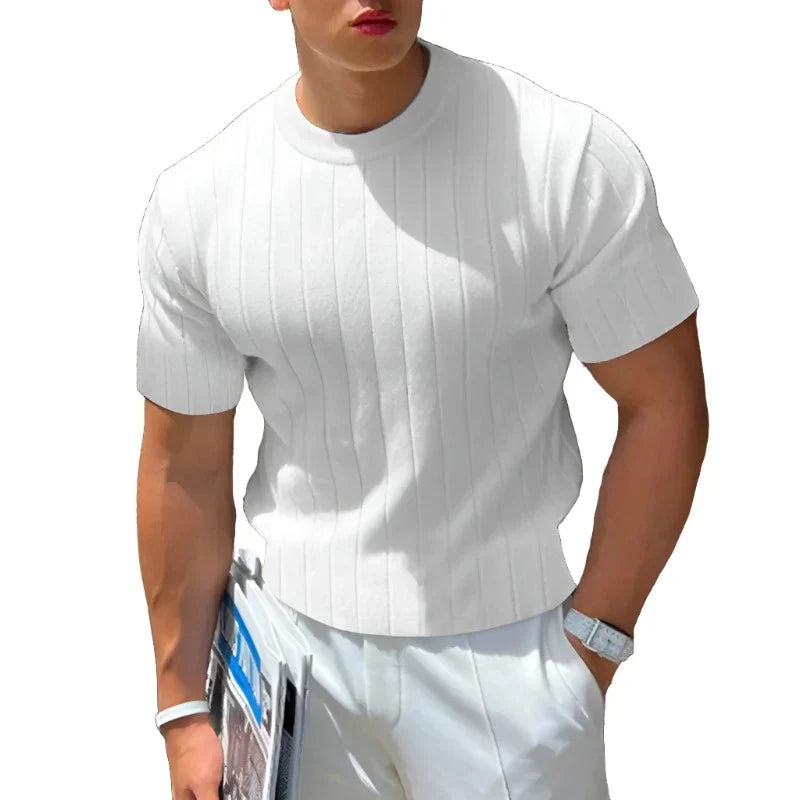 Men Solid Ribbed Top | Round Neck Knitted Shirt | Well Fitting Short Sleeve