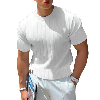 Men Solid Ribbed Top | Round Neck Knitted Shirt | Well Fitting Short Sleeve