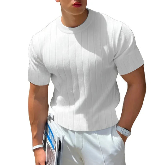 Men Solid Ribbed Top | Round Neck Knitted Shirt | Well Fitting Short Sleeve