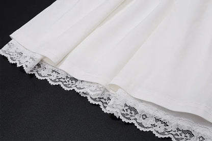 Women White Pleated Mini Dress | Summer Dress | Square-Neck Lace Patchwork Dress