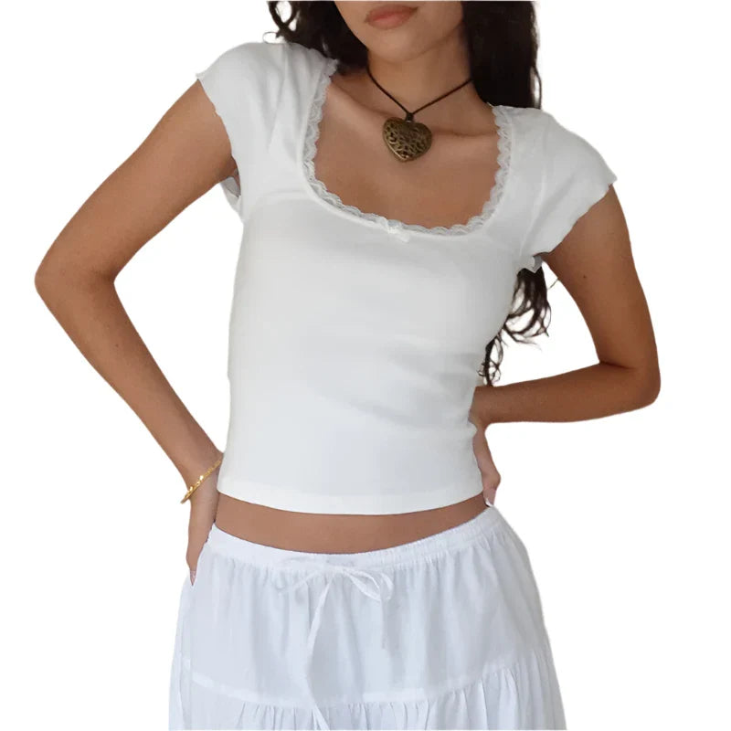 Women Vintage Square Neck Baby Tee | Cottage Lace Short Sleeve Trim Knitted T-Shirt White