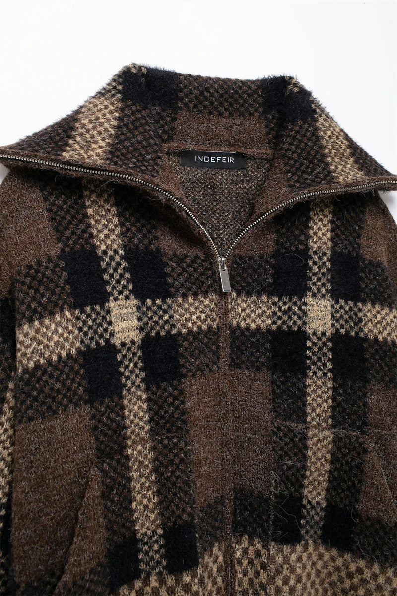 Women Short Knitted Jacket | Check-Knit Winter Bomber Jacket