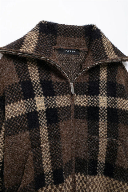 Women Short Knitted Jacket | Check-Knit Winter Bomber Jacket