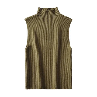 Women Knitted High Neck Top | Classic Ribbed Sleeveless Knit Top | Chic Vest Top Pale Olive