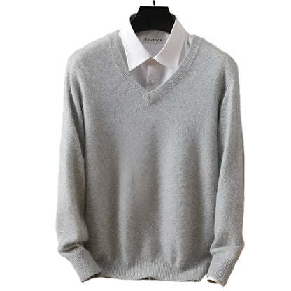 Men Cashmere V-Neck Pullover | Cashmere Knitted Sweater | Mink Winter Long Sleeve Top