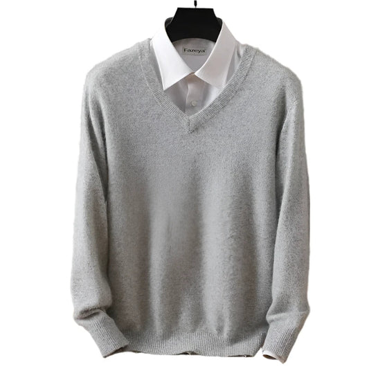 Men Cashmere V-Neck Pullover | Cashmere Knitted Sweater | Mink Winter Long Sleeve Top