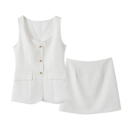 Women White Vest Skirt Suit | Two Piece Summer Office Slim Set