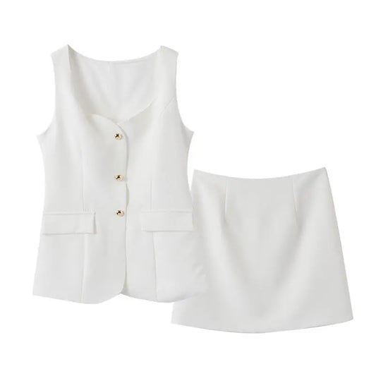 Women White Vest Skirt Suit | Two Piece Summer Office Slim Set