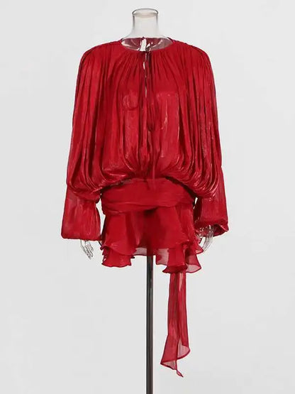 Women Flowy Mini Dress | V Neck | Long Sleeve | Spliced | Lace Up | Blouse Dress Red