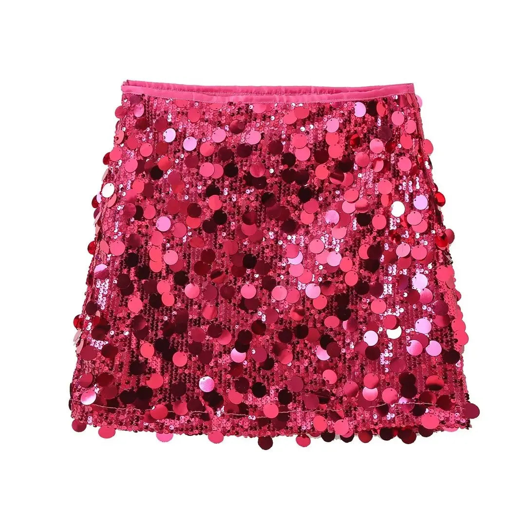 Women Summer Sequined Mini Skirt | Vintage High Waist Skirt Pink