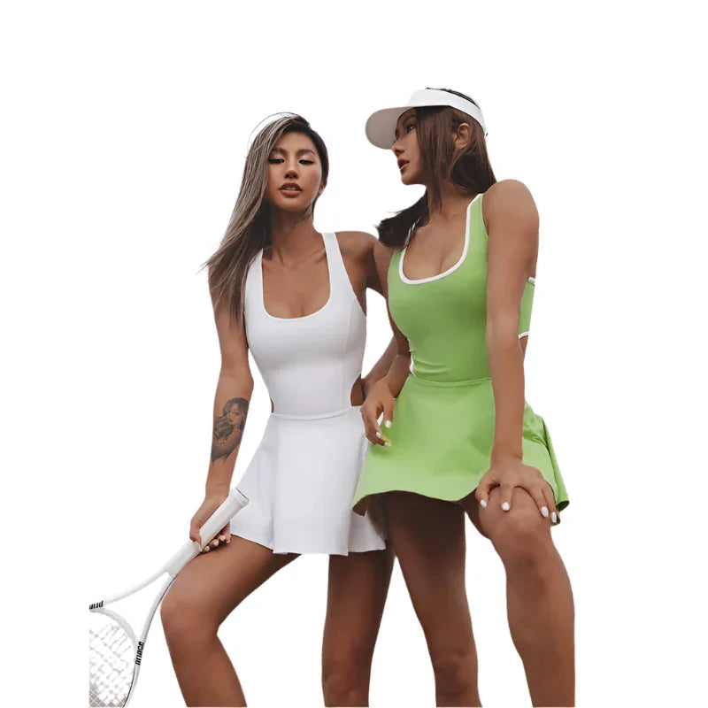 Women Tennis Dress | One-Piece Sports Dress | Slim Fit | Hollow Waist Mini Fitness Dress