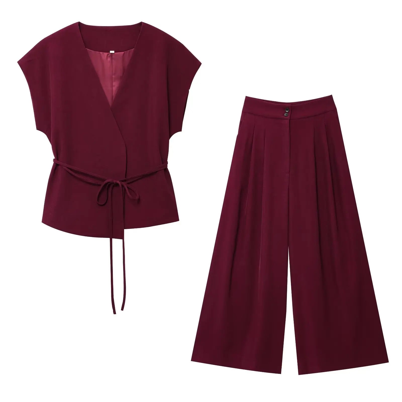 Women Sleeveless V-Neck Top With Belt Straight Pants Set | Top Trouser Suit | 2 Piece Set