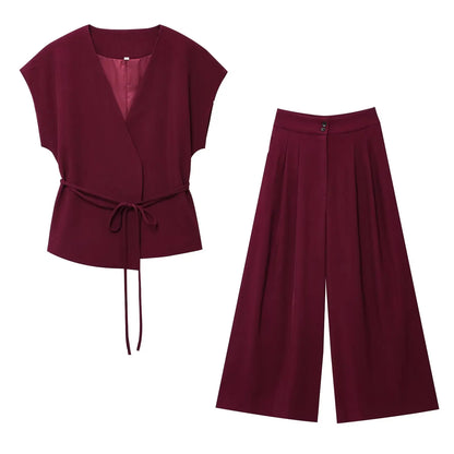 Women Sleeveless V-Neck Top With Belt Straight Pants Set | Top Trouser Suit | 2 Piece Set