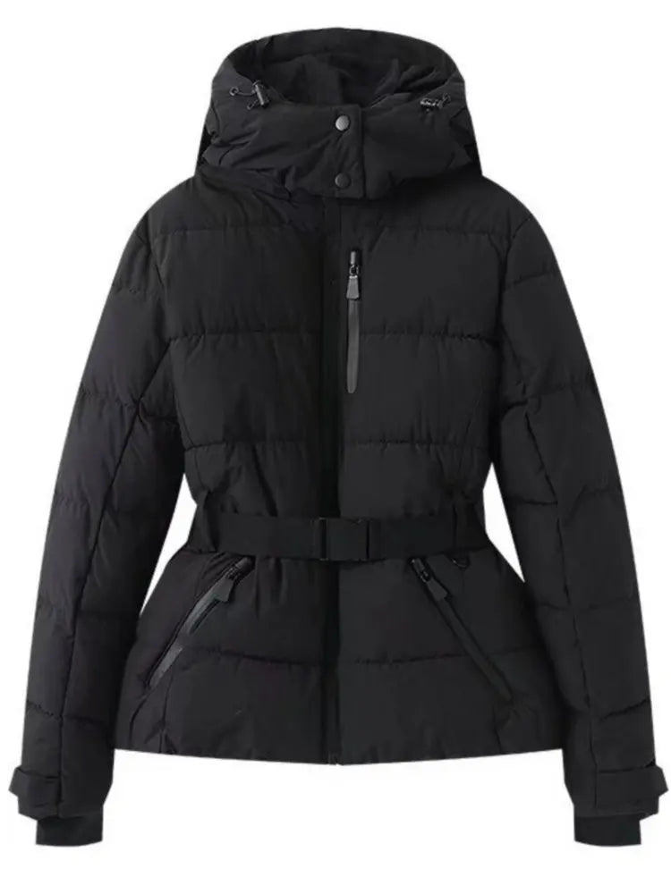 Women Winter Windproof Skiing Jacket | Padded Sport Parkas Jacket | Belt | Hooded | Thick | Warm | Pockets Black