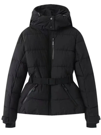 Women Winter Windproof Skiing Jacket | Padded Sport Parkas Jacket | Belt | Hooded | Thick | Warm | Pockets Black