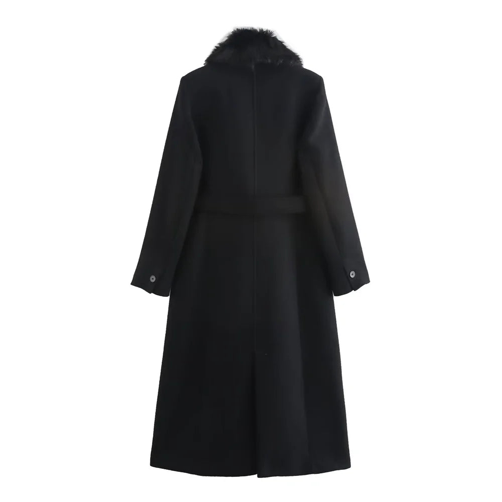 Women Belted Warm Fur Collar Coat | Flip Collar | Winter | Long Coat