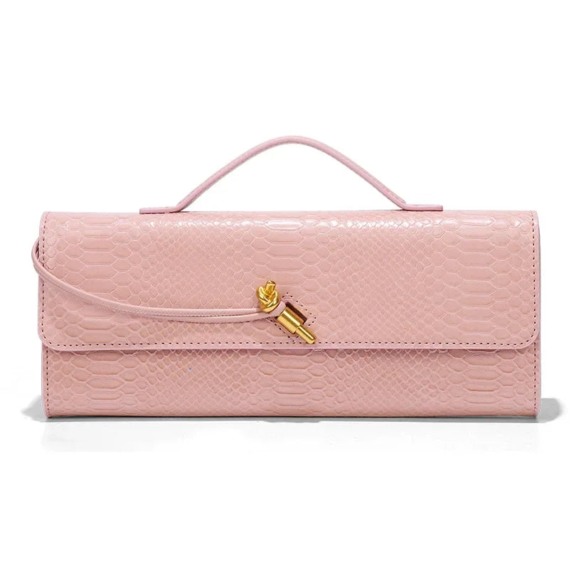 Women Luxury Design Top-Handle Leather Bag | Long Purse | Crocodile Pattern Bag pink