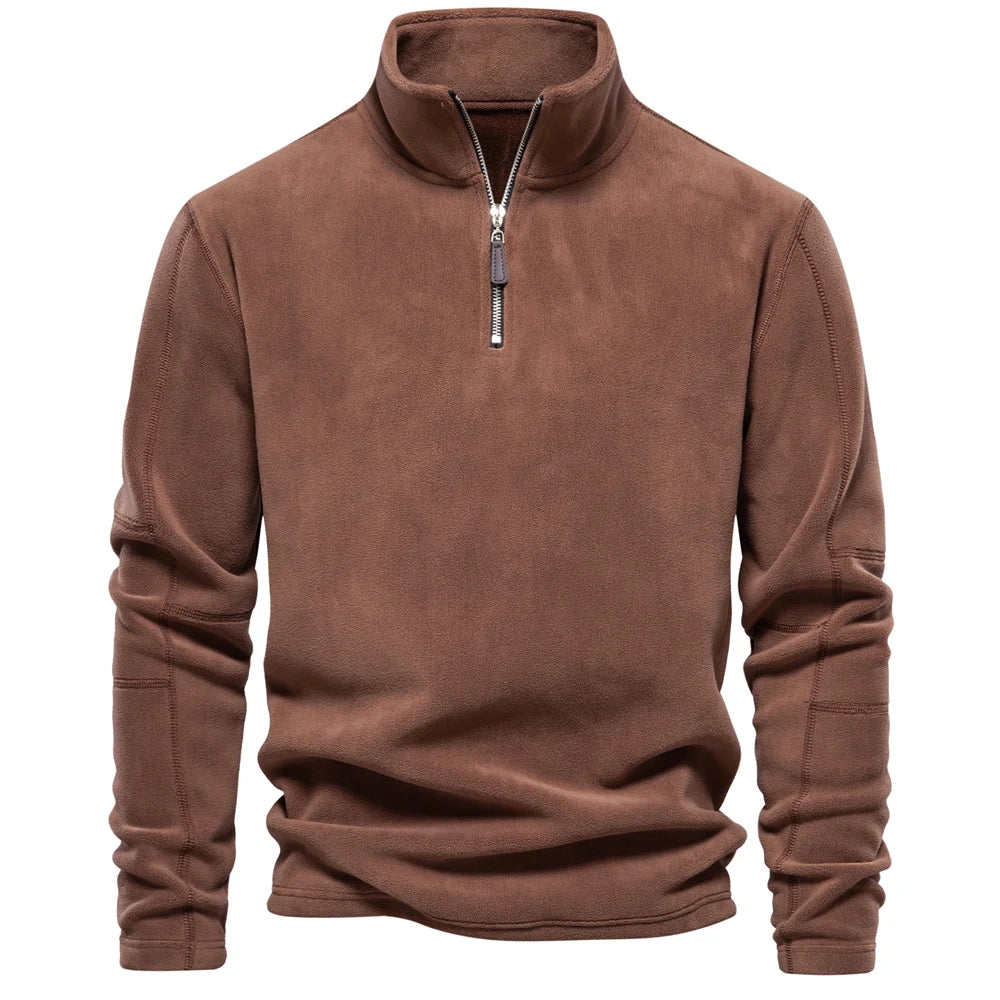 Men Warm Fleece Jacket | Men Soft Sweatshirt | Zipper Neck Pullover Brown
