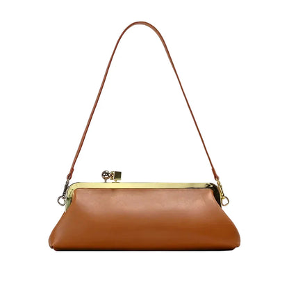 Women Leather Kiss Lock Bag | Long Clutch Bag | Luxury Shoulder Bag | Elegant Party Purse | Underarm Bag Light Brown