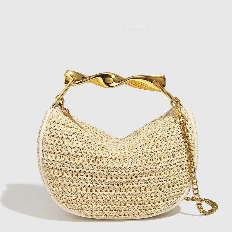 Women Woven Handbag | Rattan Half-Moon | Straw Shoulder Bag | Bucket Bag | Crossbody Bag Khaki