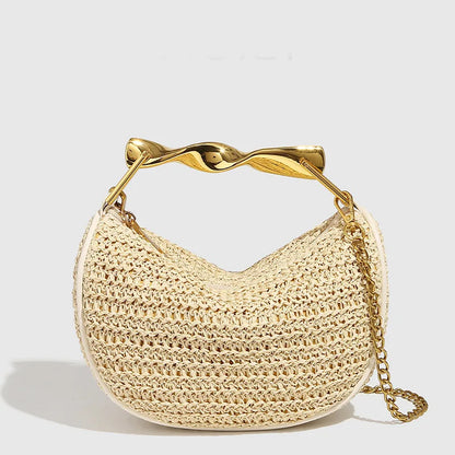 Women Woven Handbag | Rattan Half-Moon | Straw Shoulder Bag | Bucket Bag | Crossbody Bag Khaki