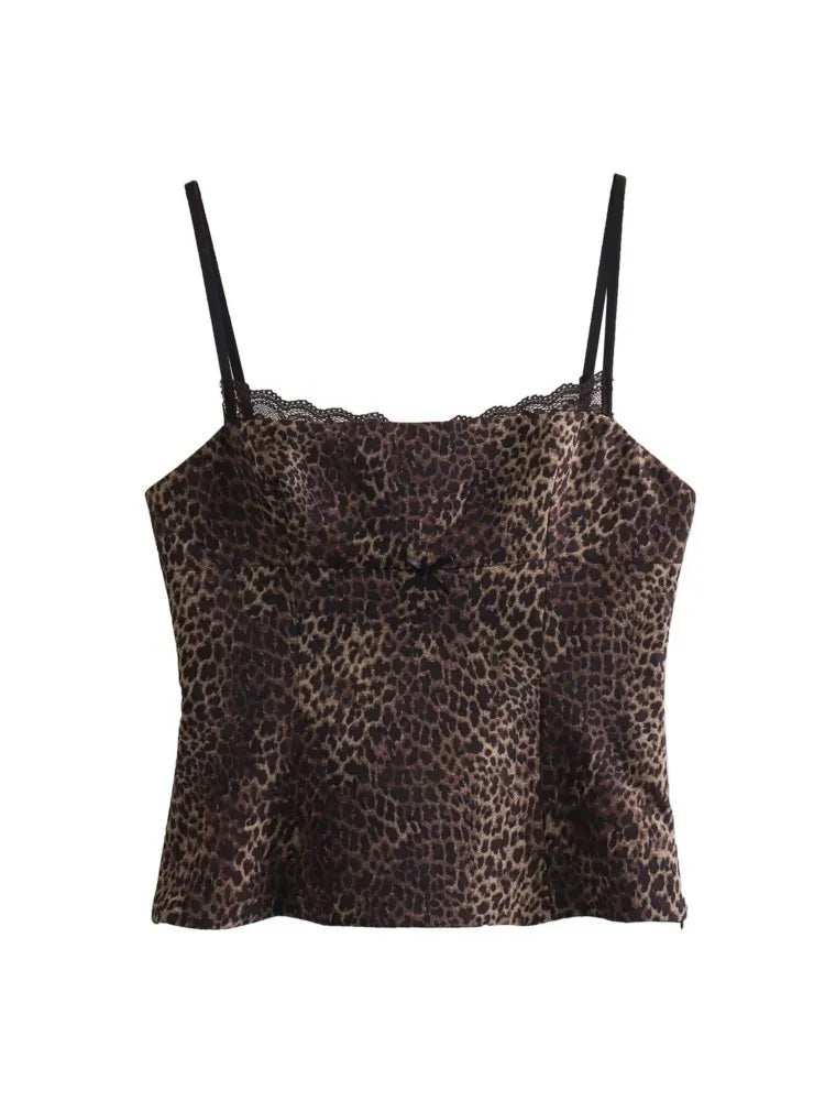 Women Lace Satin Camisole | Sleeveless Backless Silk Top | Silk Cheetah Print Crop Top Leopard Print