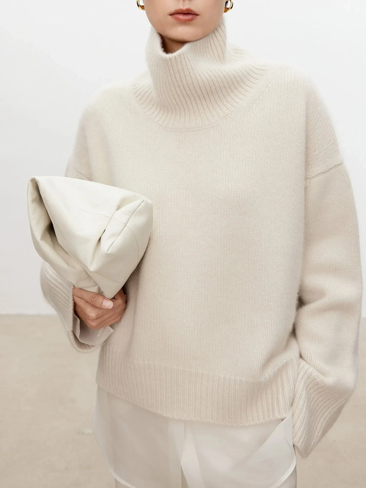 Women Soft Cashmere Sweater | Loose and Thick Turtleneck Pullover Knit Off White